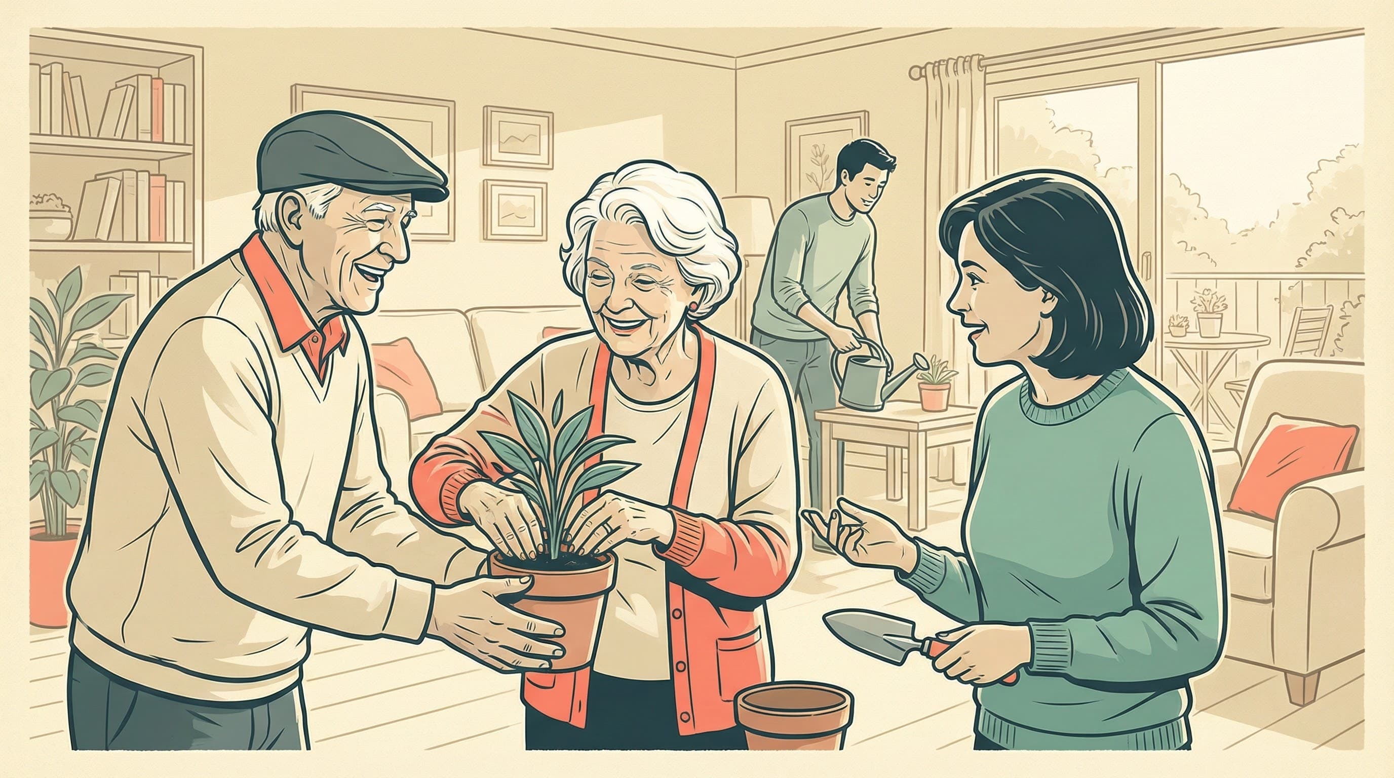 A calm home connection moment showing family members and an older adult together in a warm, supportive setting