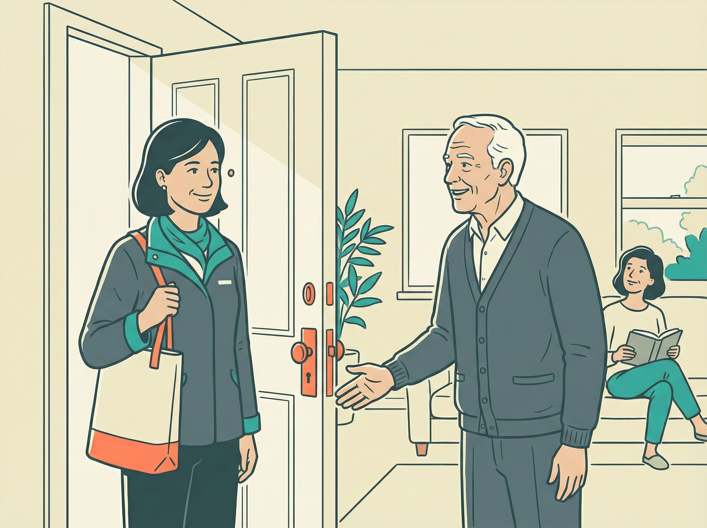 Family member, trusted helper, and senior coordinating a visit together